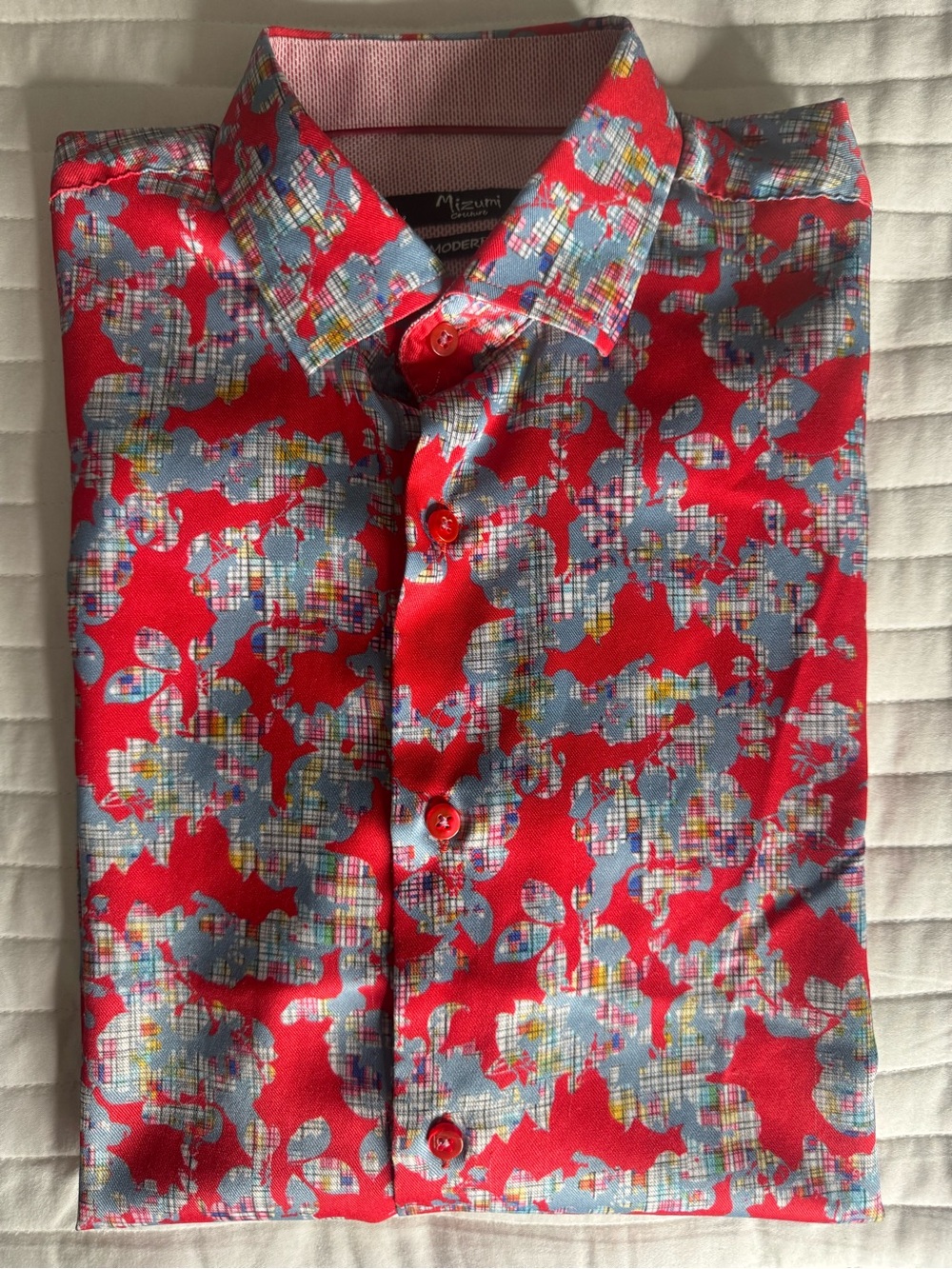 MIZUMI Men's Red Floral-Pattern Button-Down Shirt by